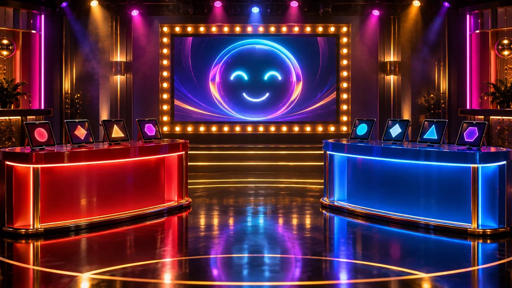 Illustration of a game show studio with a red team desk and a blue team desk, each with tablets, facing a screen